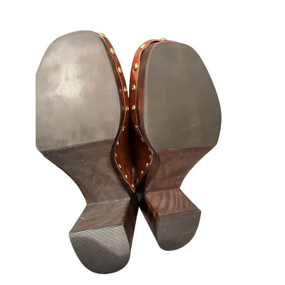 Matisse Brown Leather Platform Clogs LIBERTY Gold Studded Wood Heel Mule Size 8M - Picture 13 of 13